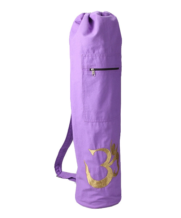 Purple yoga mat bag with a gold symbol on a white background