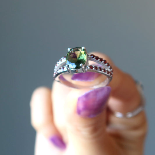Moldavite Ring of Fire Red Garnet Gem Sterling Silver