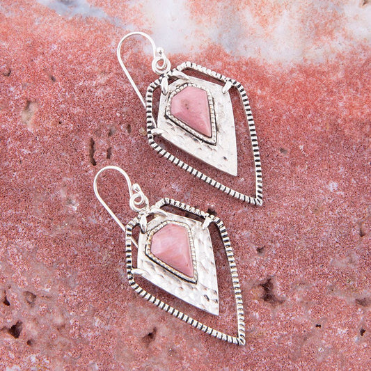 Pink Rhodonite Shield Sterling Silver Drop Earrings
