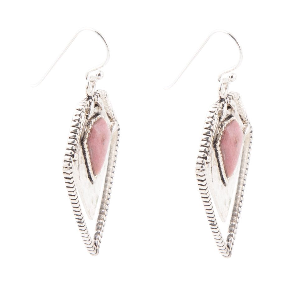 Pink Rhodonite Shield Sterling Silver Drop Earrings