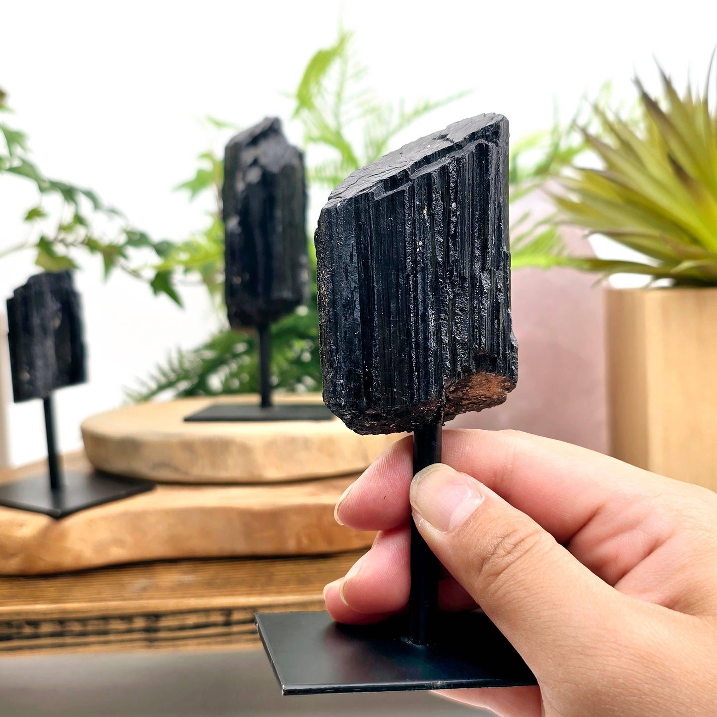 Black Tourmaline Cluster on Metal Stand