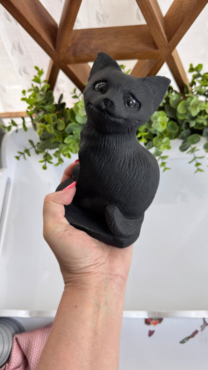 Huge Black Obsidian Cat 6", Sitting Black Cat Carving, Witchy Familiar, for Truth & Protection