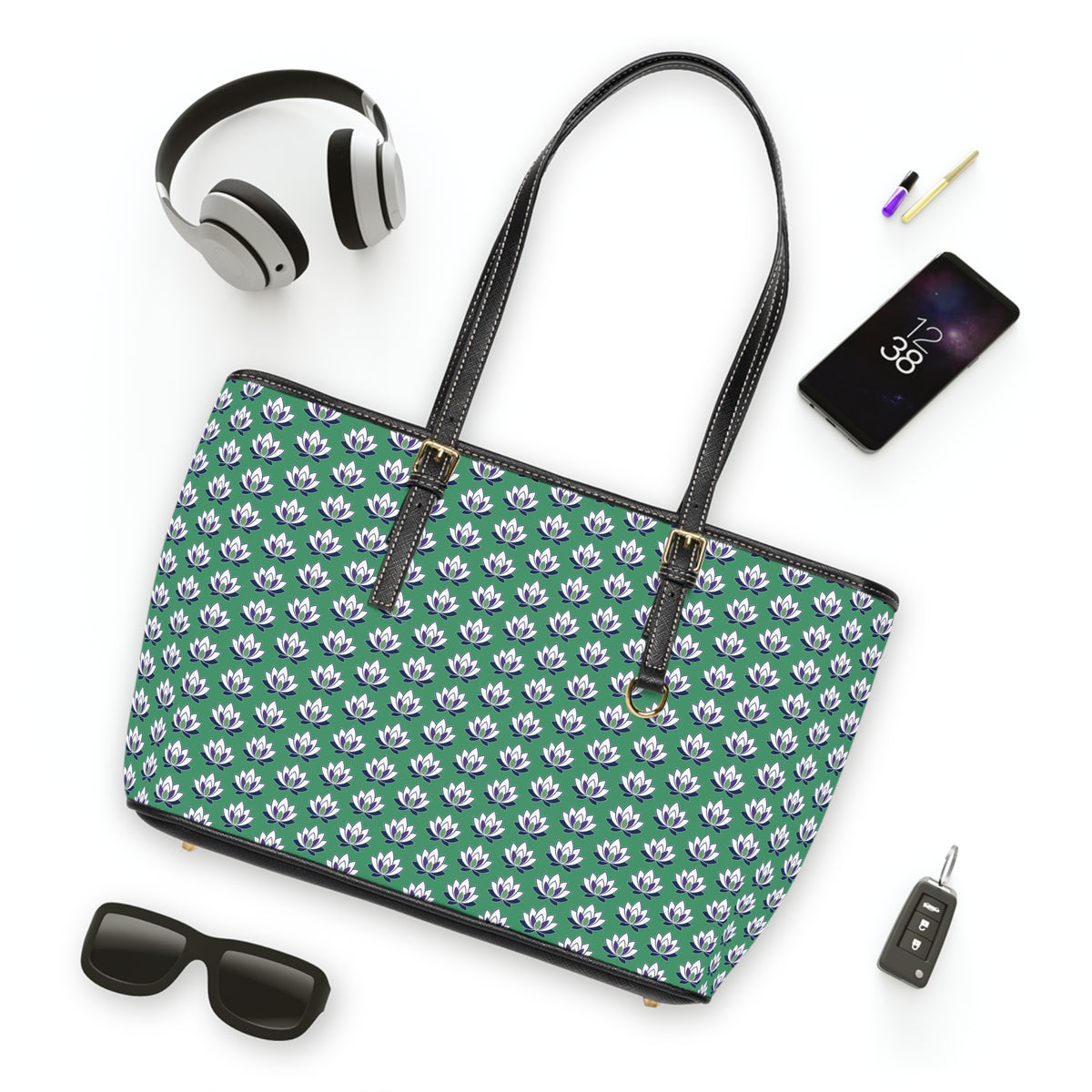 Ahh GoGo Wellness - PU Leather Shoulder Bag - White Lotus - Green