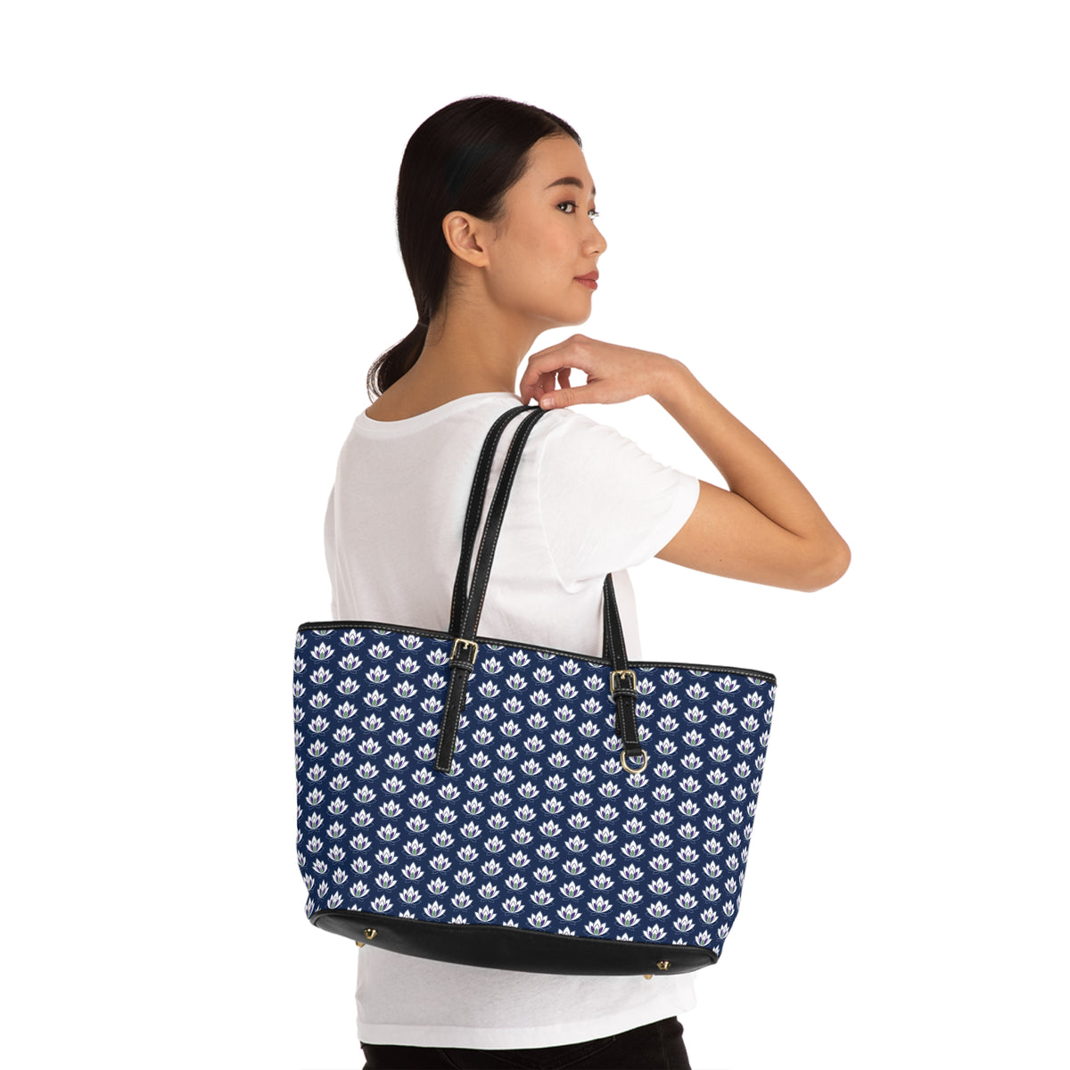 Ahh GoGo Wellness - Leather Shoulder Bag - White Lotus - Navy