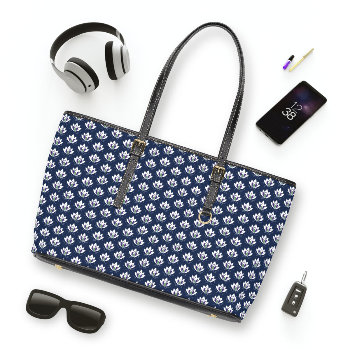 Ahh GoGo Wellness - Leather Shoulder Bag - White Lotus - Navy