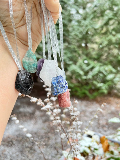 Crystal Tree Ornaments Chakra Gift Set of 6 Raw Crystals on Silver Ribbon, Holiday Crystals