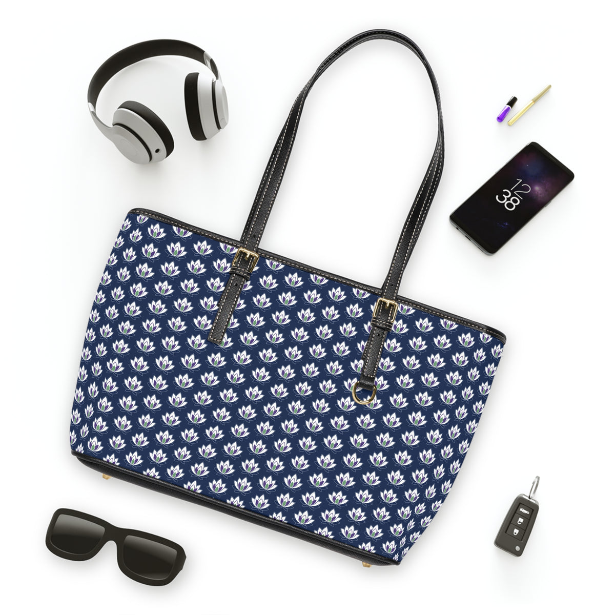 Ahh GoGo Wellness - Leather Shoulder Bag - White Lotus - Navy