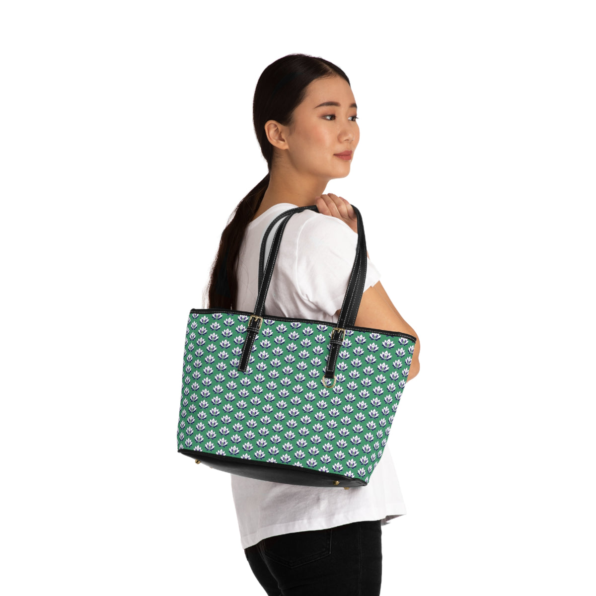 Ahh GoGo Wellness - PU Leather Shoulder Bag - White Lotus - Green