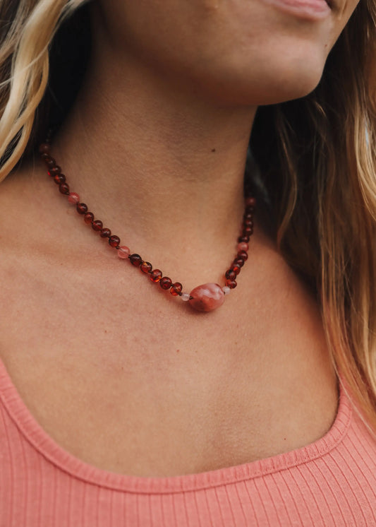 Cognac Baltic Sea Amber || Cherry + Rose Quartz || Necklace CanyonLeaf