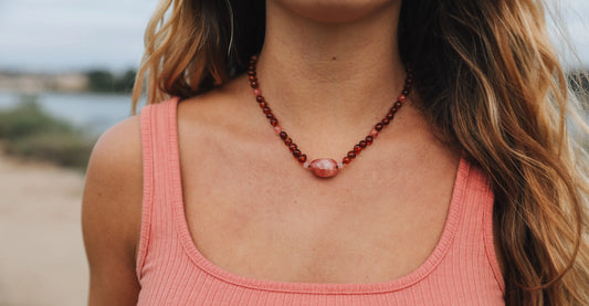 Cognac Baltic Sea Amber || Cherry + Rose Quartz || Necklace CanyonLeaf