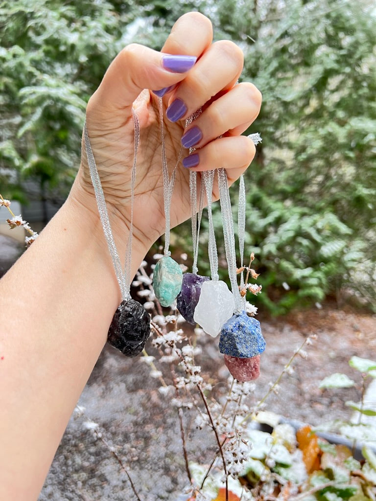 Crystal Tree Ornaments Chakra Gift Set of 6 Raw Crystals on Silver Ribbon, Holiday Crystals