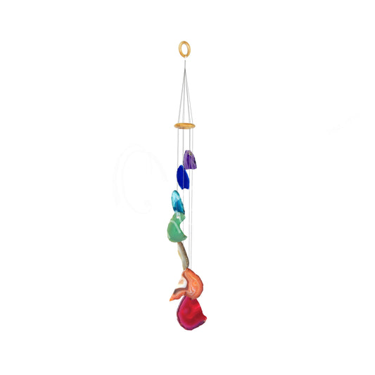 Colorful 7 chakra agate wind chime with hanging ring on a white background