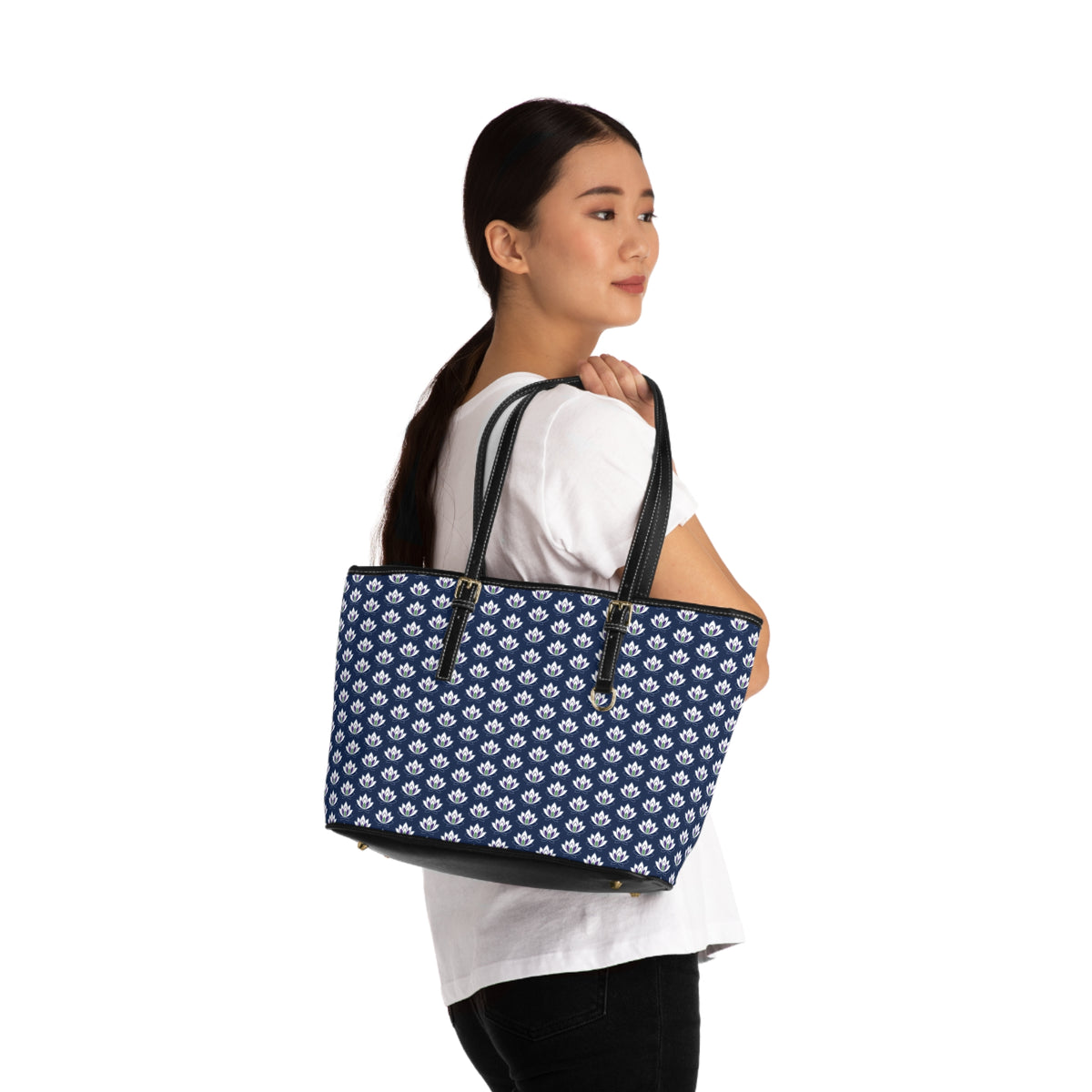 Ahh GoGo Wellness - Leather Shoulder Bag - White Lotus - Navy
