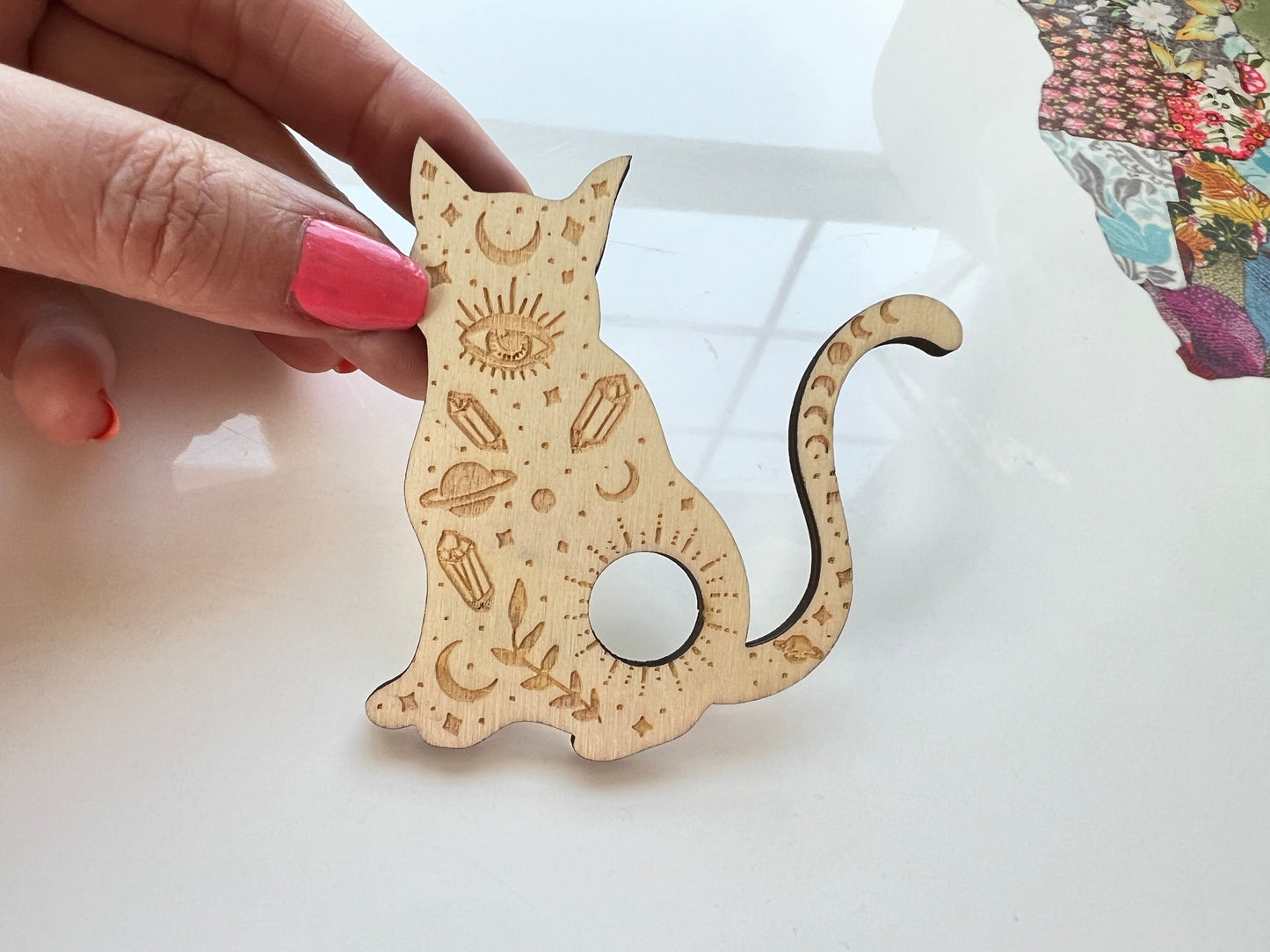 Cat Sphere Stand, Laser Carved Wood for Small Spheres, Natural Wood Color