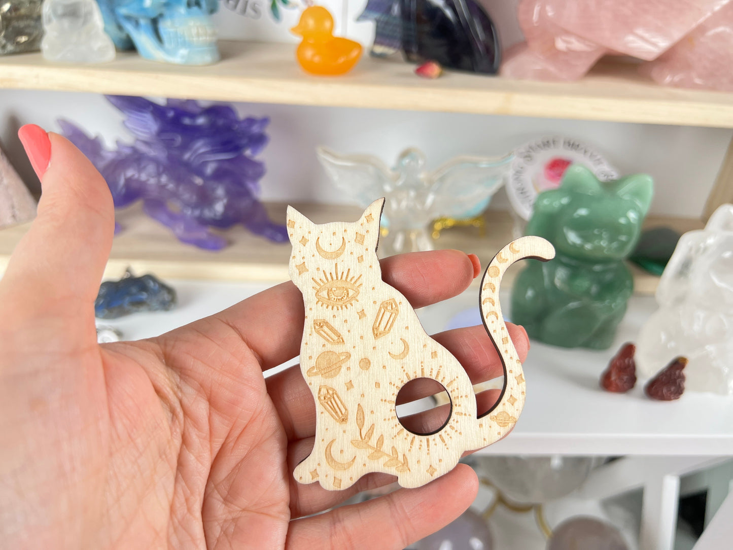 Cat Sphere Stand, Laser Carved Wood for Small Spheres, Natural Wood Color