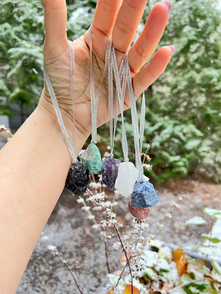 Crystal Tree Ornaments Chakra Gift Set of 6 Raw Crystals on Silver Ribbon, Holiday Crystals