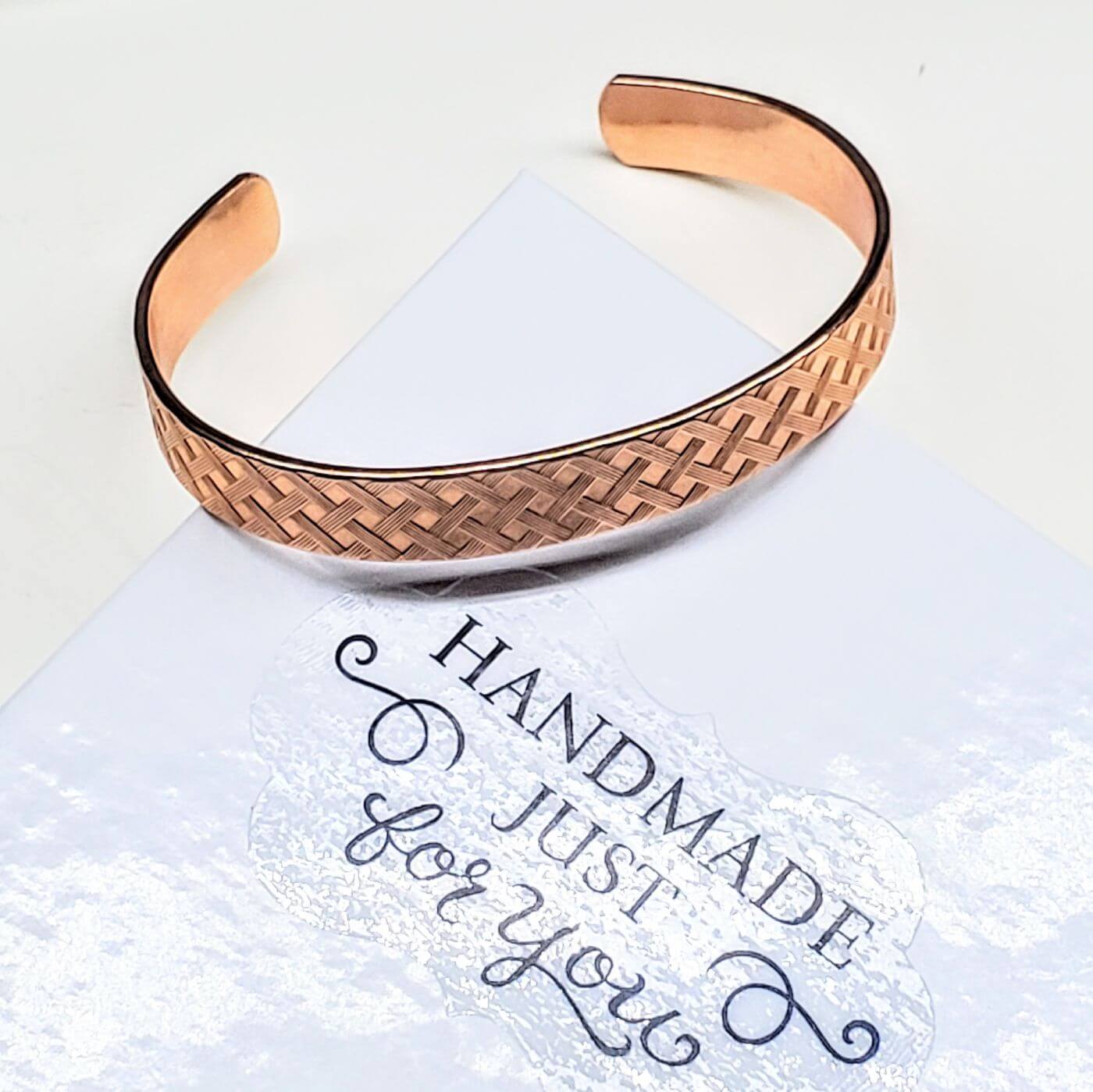 His and Her Copper Embossed Weave Cuffs 16 Gauge