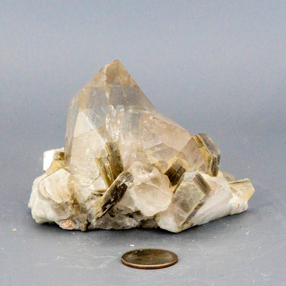 Clear quartz crystal formation with a penny for scale on a gray background