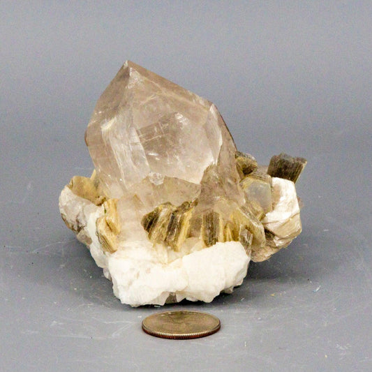 Crystal rock with a penny for scale on a gray background