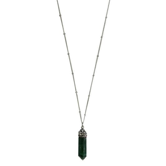 Necklace with a green aventurine crystal pendant on a white background