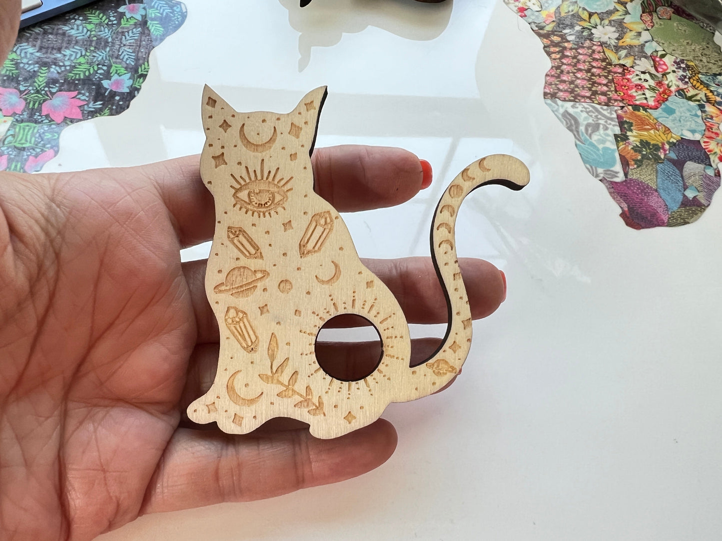 Cat Sphere Stand, Laser Carved Wood for Small Spheres, Natural Wood Color