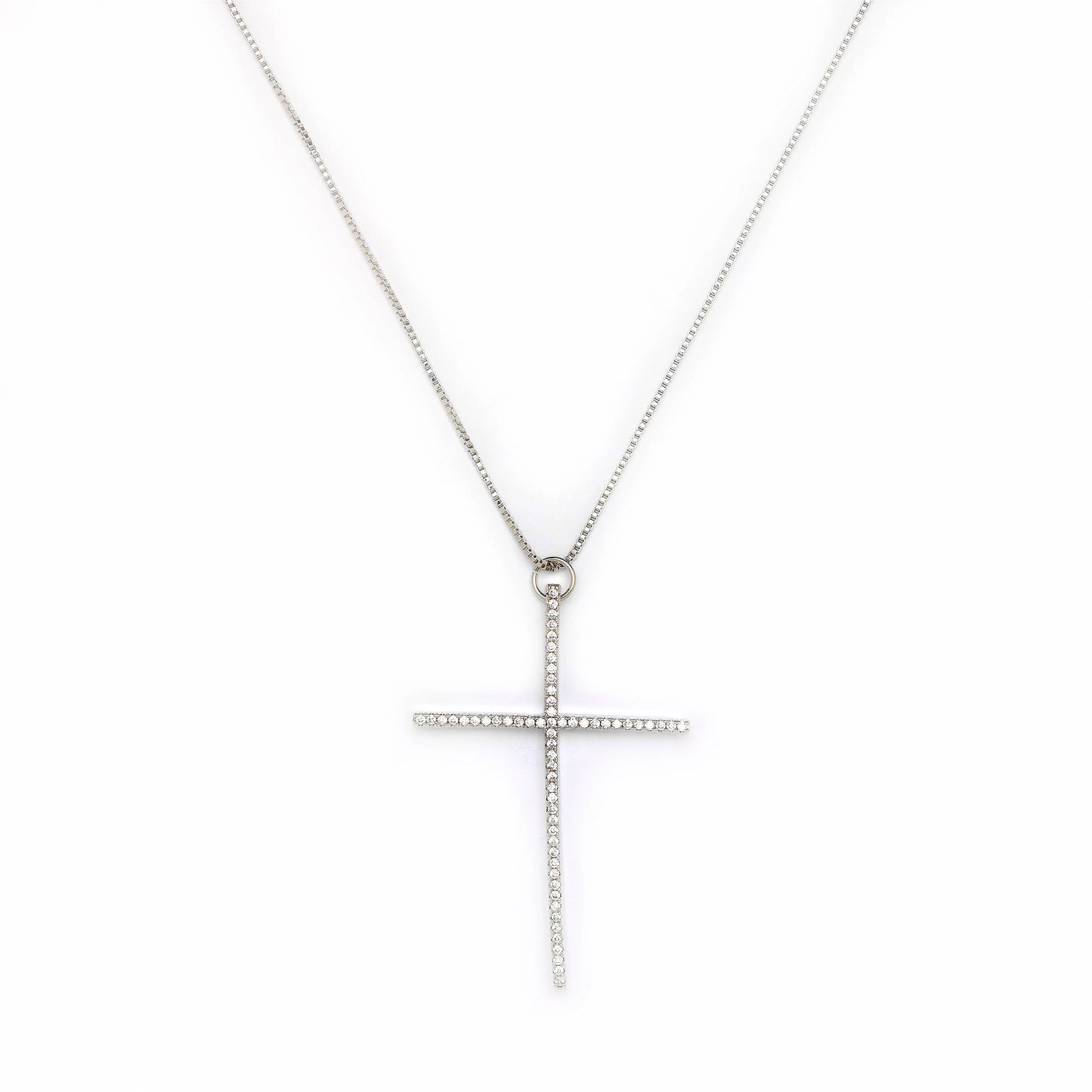 Silver cross necklace on a white background