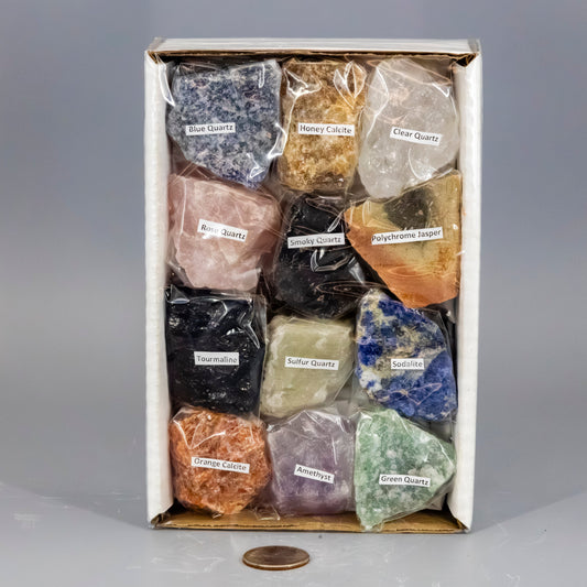 Box of various labeled rocks on a gray background