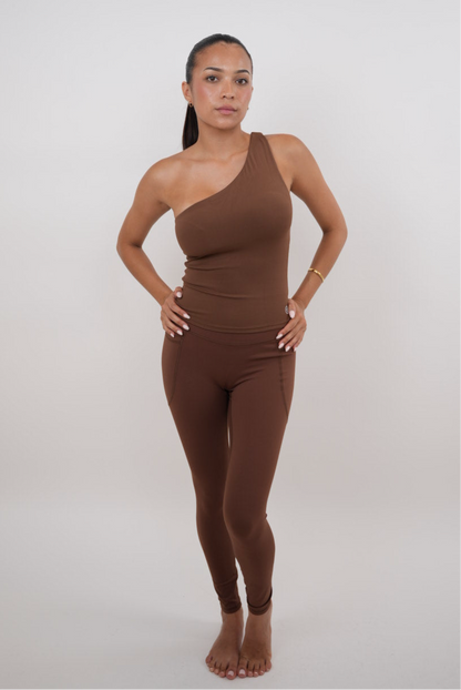 I Am Wealthy Brown One Shoulder Top - Fitness, Yoga