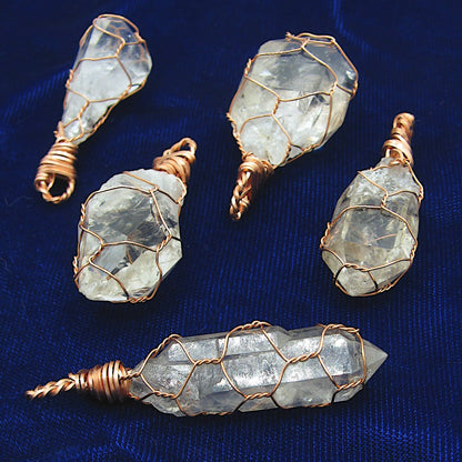 Clear Smoky Raw Quartz Crystal Pendant Necklace, Copper Wire-Wrapped, Handmade, with 20" Chain