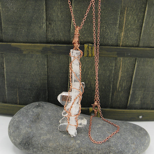 Raw Faden Clear Quartz Crystal Pendant Necklace, Copper Wire-Wrapped, Handmade