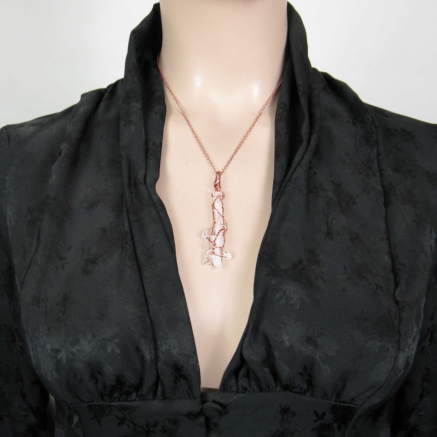 Raw Faden Clear Quartz Crystal Pendant Necklace, Copper Wire-Wrapped, Handmade