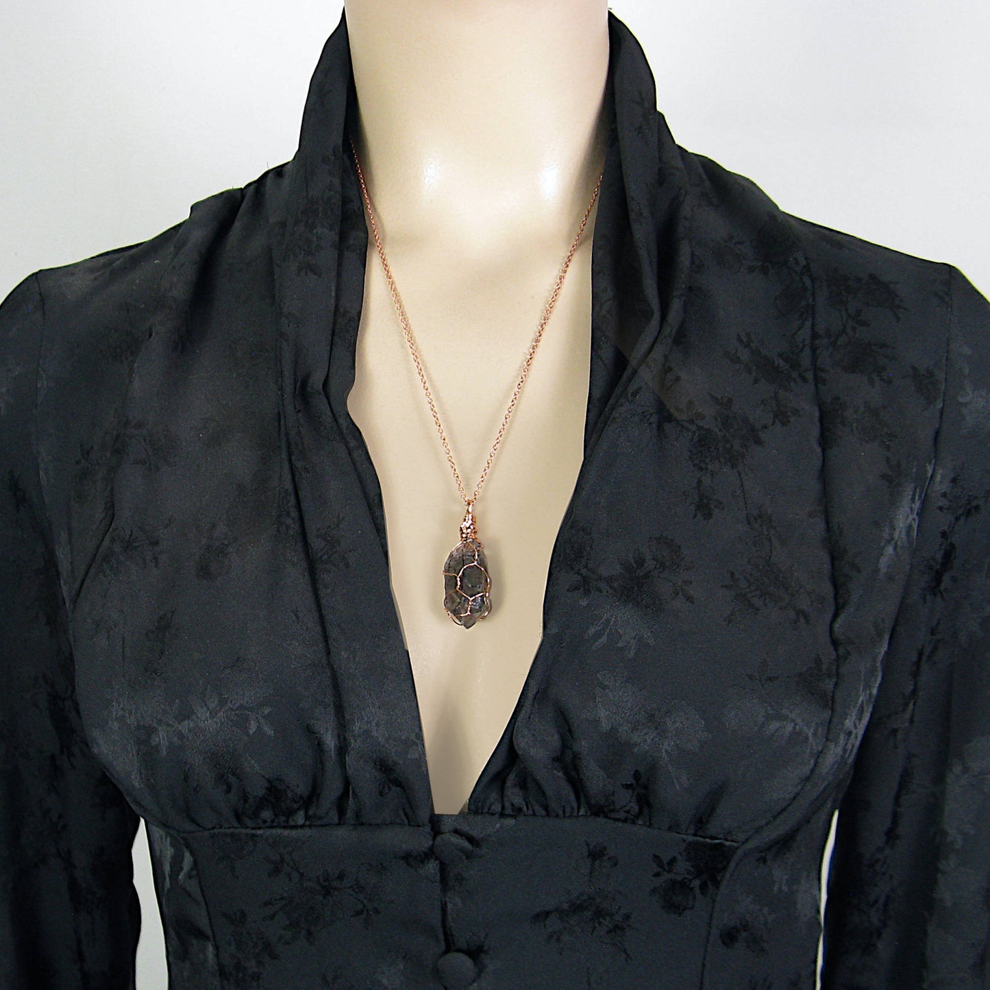 Dark Smoky Quartz Raw Crystal Pendant Necklace, Copper Wire-Wrapped, Handmade, with 20" Chain