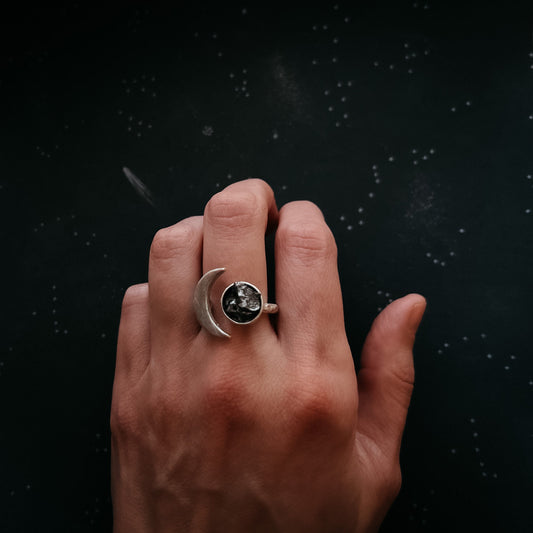 Hand wearing a silver ring with a meteorite against a dark background