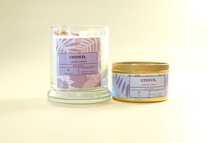 Two candles with 'crown.' labels on a light background