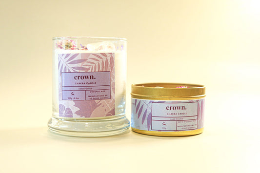 Two candles with 'crown.' labels on a light background