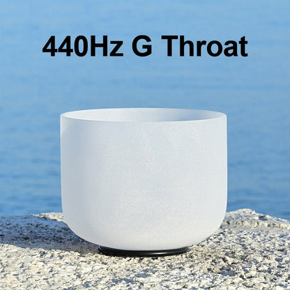 White singing bowl with '440Hz G Throat' text against a blue water background