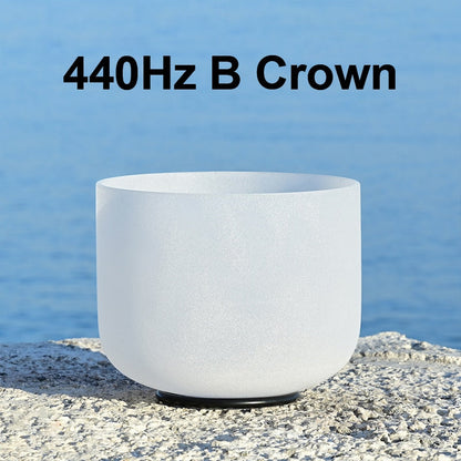 White singing bowl labeled '440Hz B Crown' on a blue background