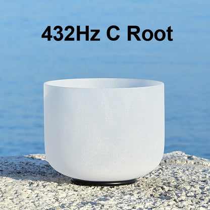 White singing bowl labeled '432Hz C Root' on a blue water background