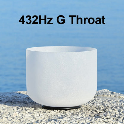 White singing bowl with '432Hz G Throat' text against a blue water background