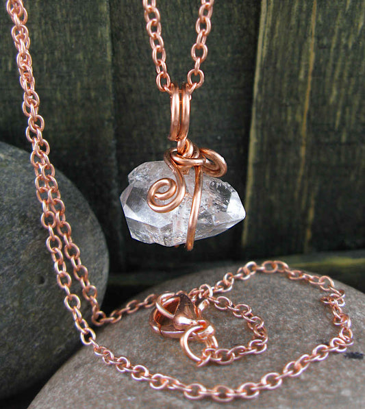 Herkimer Diamond Quartz Pendant, Copper Wire-Wrapped, Handmade