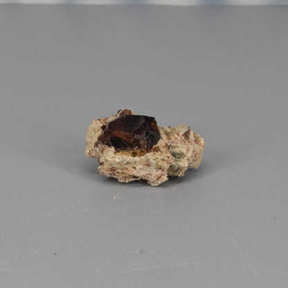 Mineral sample with a garnet crystal on a gray background