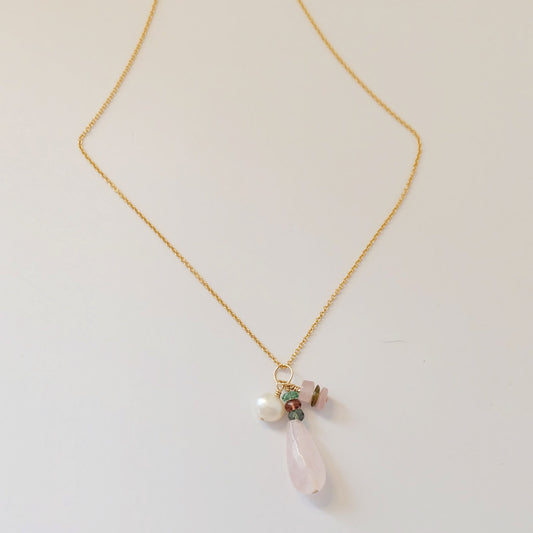 Rose Quartz & Tourmaline Gold Charm Necklace