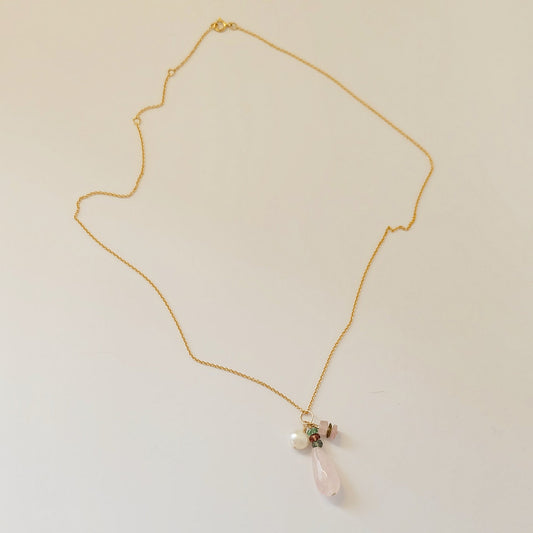 Rose Quartz & Tourmaline Gold Charm Necklace