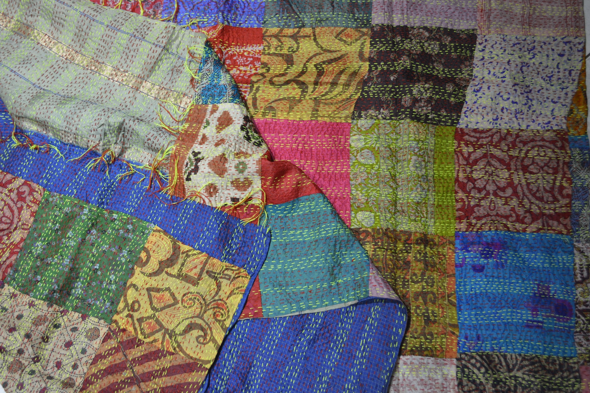 Hand stitched Kantha silk throw