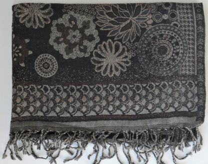 Black and gray patterned shawl with fringes on a white background