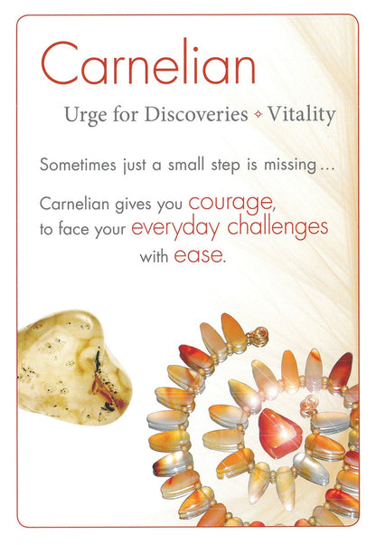 Carnelian stone and necklace with descriptive text on a beige background