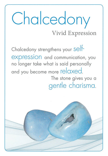 Blue chalcedony stone with descriptive text about its properties on a light blue background
