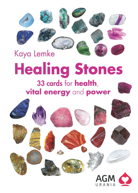 Book cover of 'Healing Stones' by Kaya Lemke with images of various crystals.