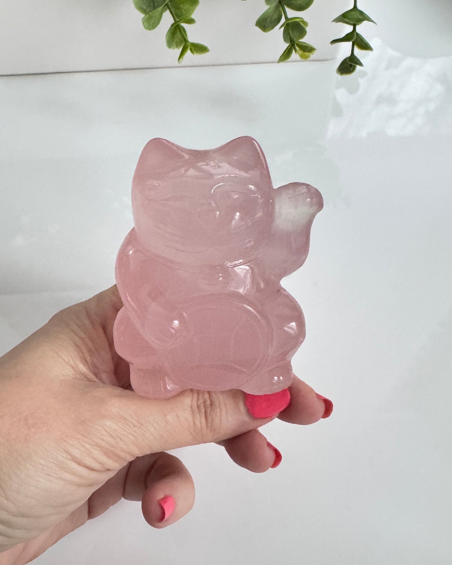 Gemmy Rose Quartz Crystal Lucky Cat, Maneki Neko, Fortune Cat, Large (3.2”)