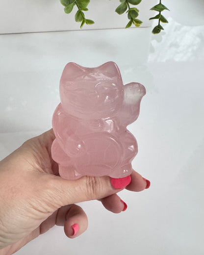 Gemmy Rose Quartz Crystal Lucky Cat, Maneki Neko, Fortune Cat, Large (3.2”)